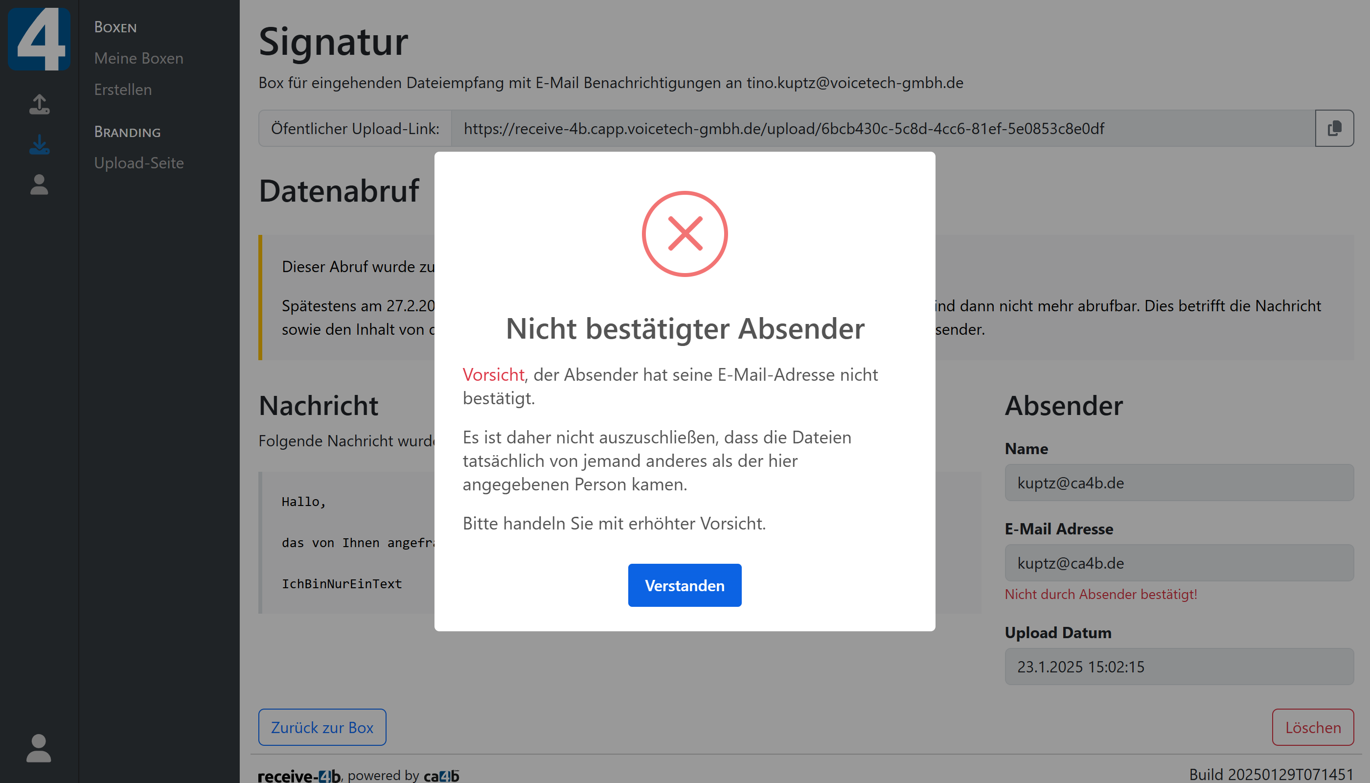 Warnhinweis: ein Absender ist nicht verifiziert