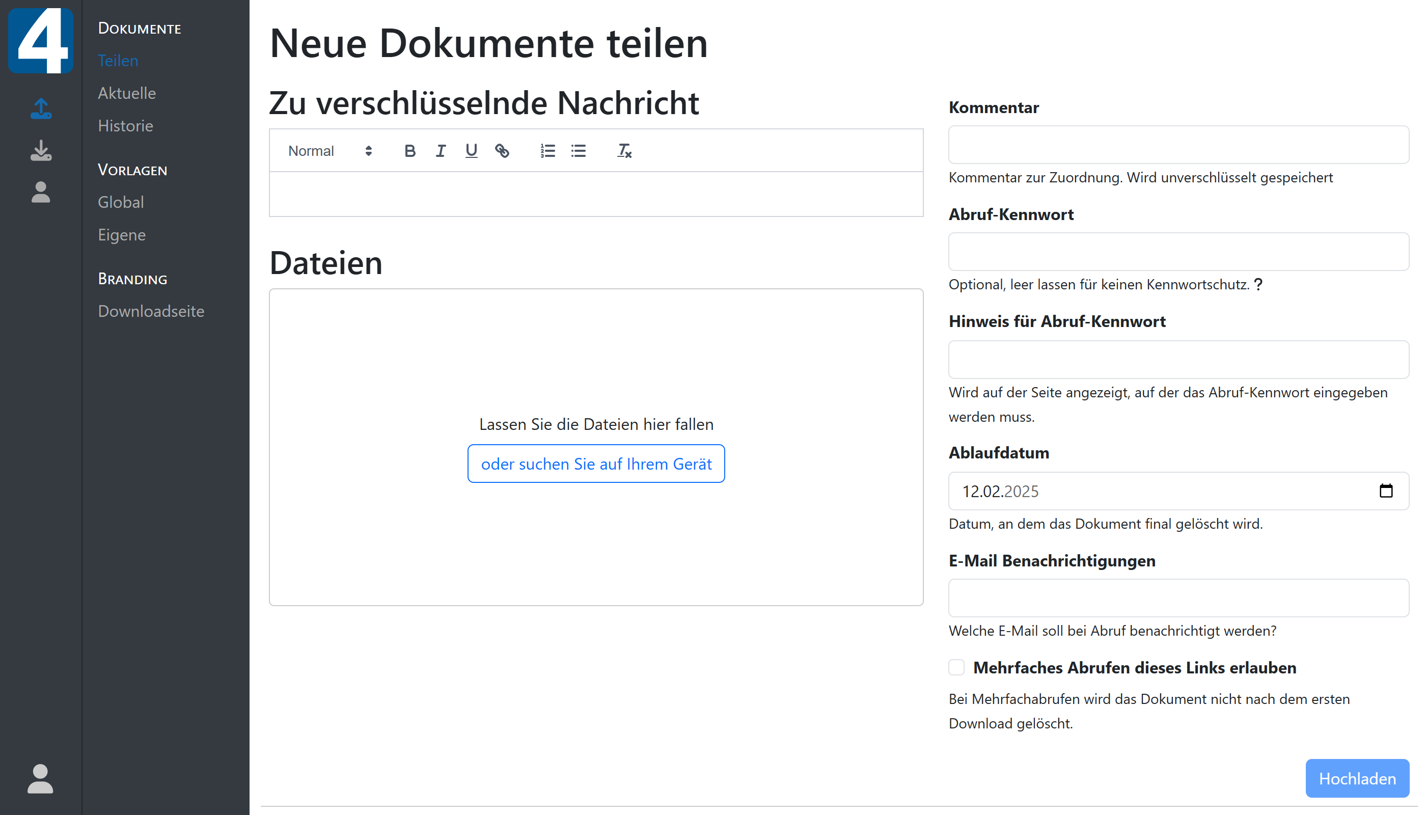 Ein Uploadformular, in welchem Daten Endkunden zur Verfügung gestellt werden können