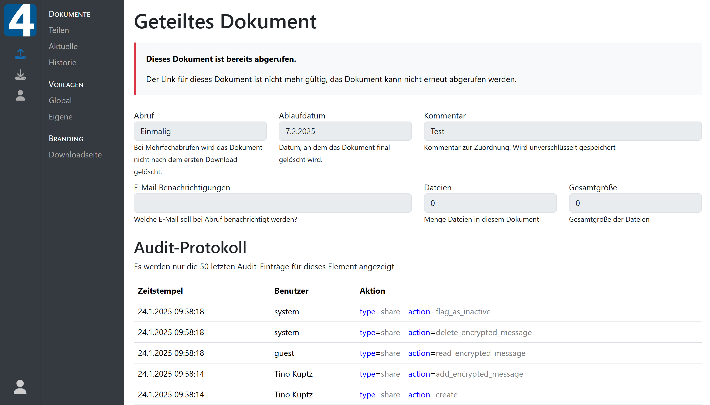 Ein Audit-Protokoll zu einem offenem Dokument