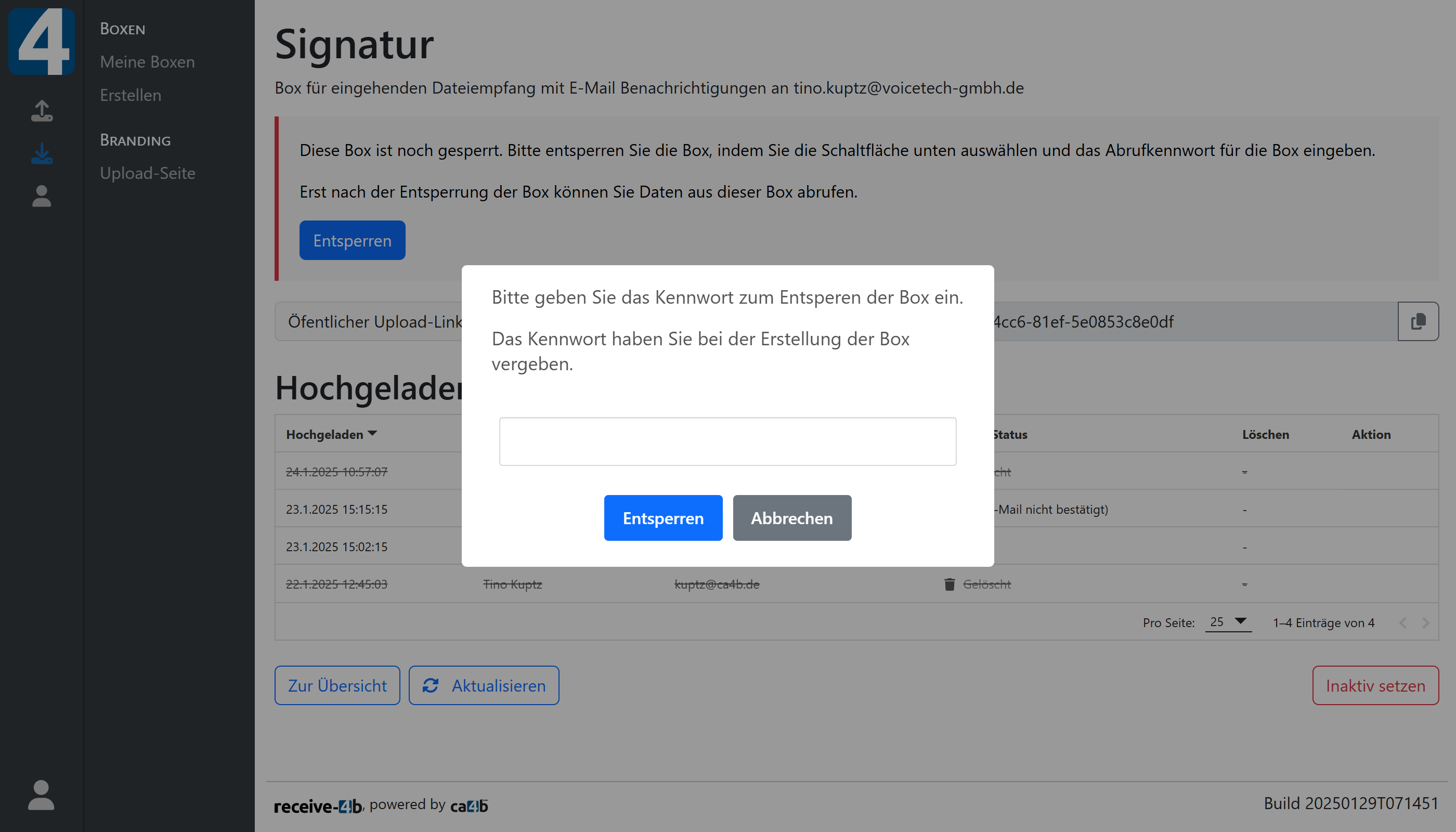 Entsperren einer Box mit persönlichem Kennwort